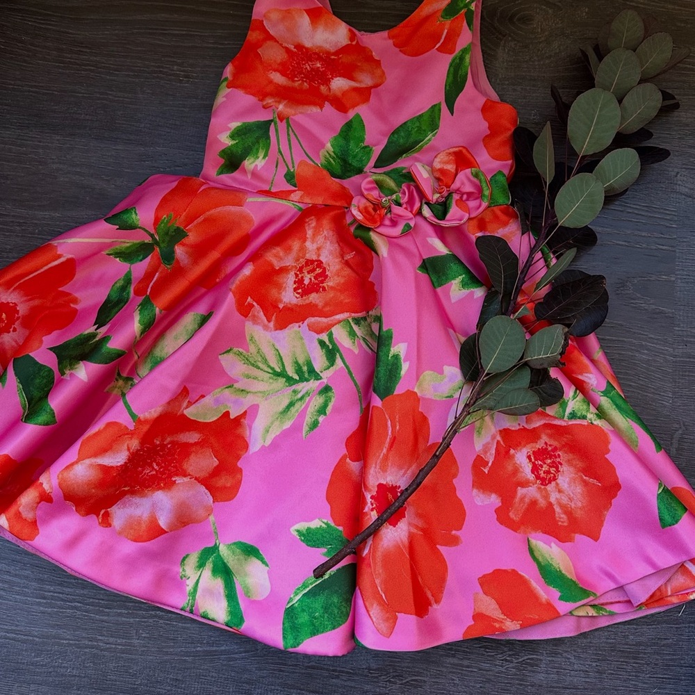 Charming Pink and Red Floral Kids Dress